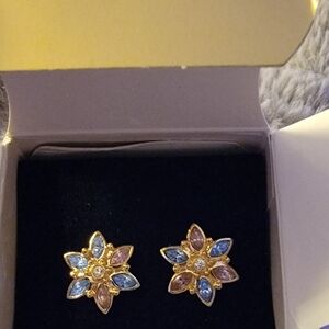 Avon Gold-Tone Flower Stud Earrings with Blue and Pink Crystals